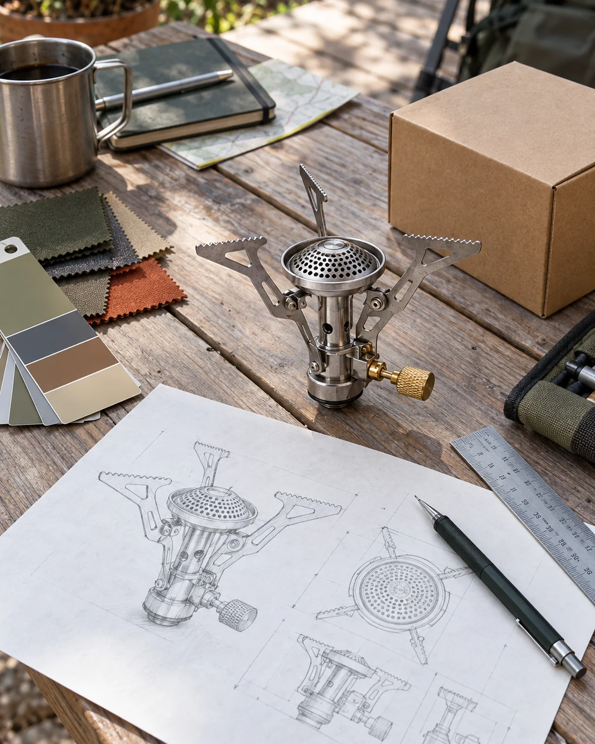 Stove prototype, cookware, colour swatches and a blank carton on a design desk