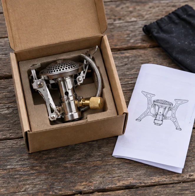 Camping stove packed in a kraft box with its manual