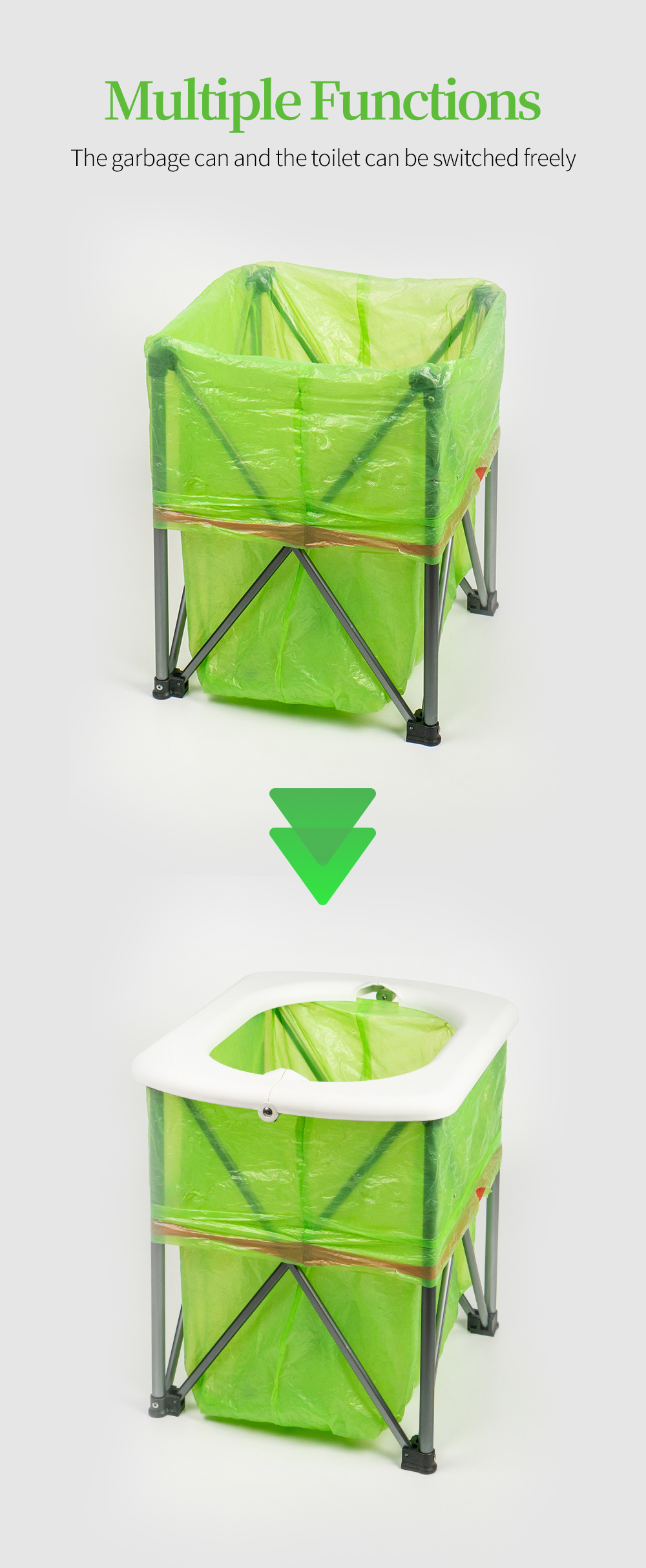 Detalje af multifunktionelt sammenklappeligt campingtoilet