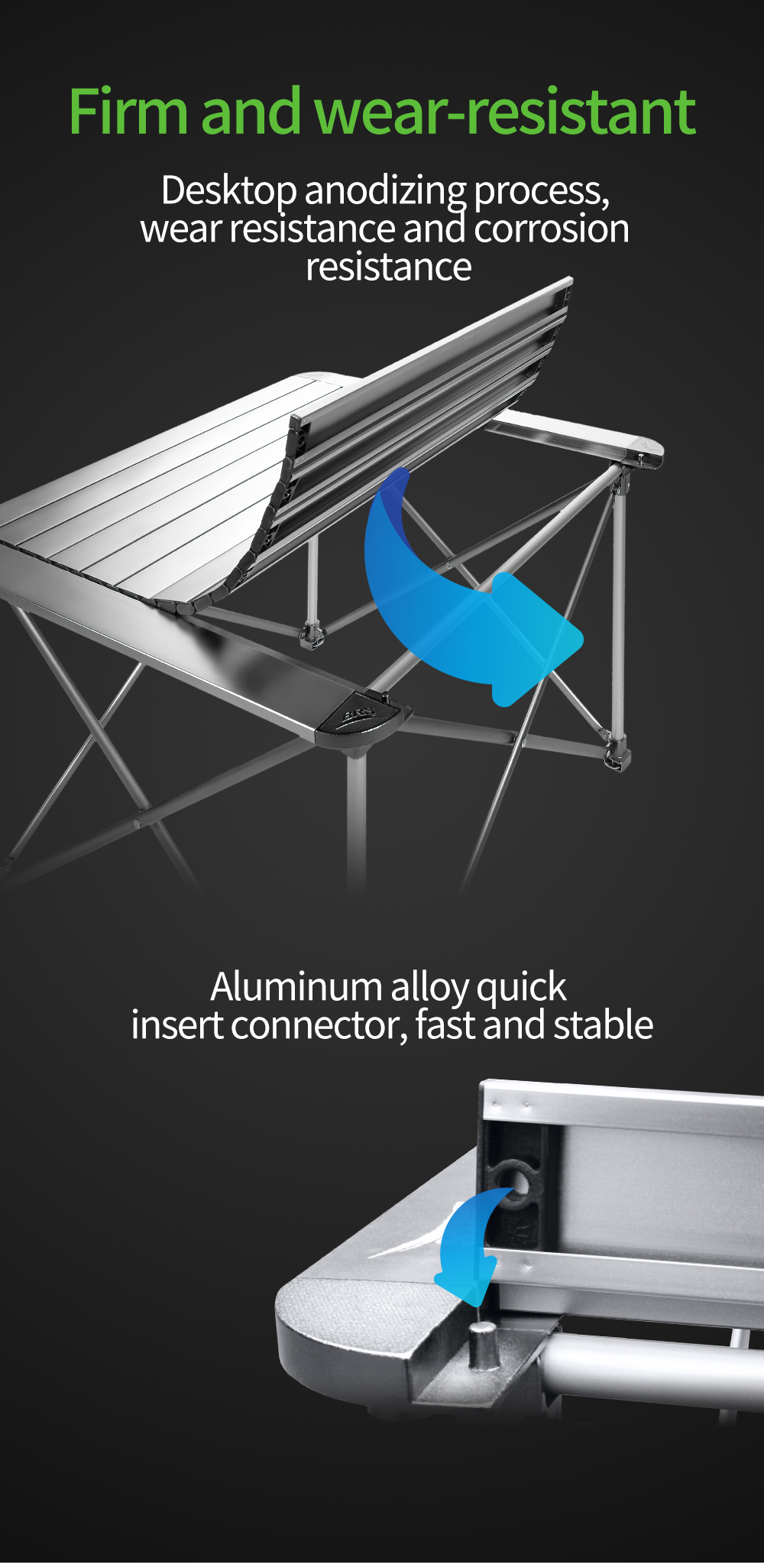 Detaljer om det højdejusterbare sammenklappelige aluminiumsbord